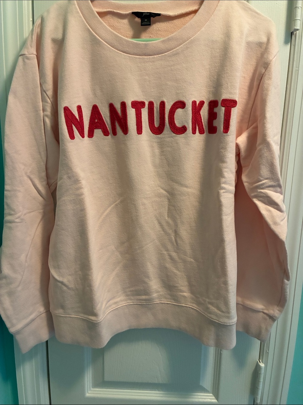 J. Crew Pink Crewneck Sweater with Red Nantucket Appliqué